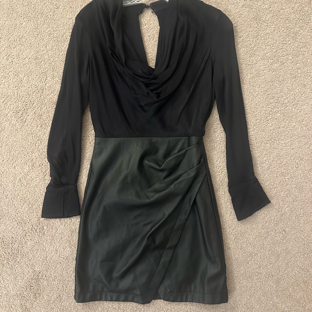 Anthropologie Maeve plunge vegan leather dress- Black Long Sleeve Dress